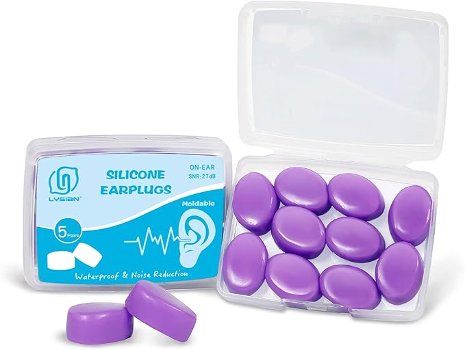 LYSIAN Moldable Soft Silicone Earplugs, 5 Pairs, 27dB SNR Noise Cancelling Ear Plugs for Sleeping, Working,Swimming, Shower (Purple)