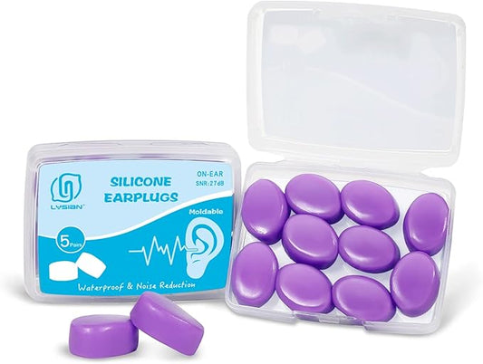 LYSIAN Moldable Soft Silicone Earplugs, 5 Pairs, 27dB SNR Noise Cancelling Ear Plugs for Sleeping, Working,Swimming, Shower (Purple)