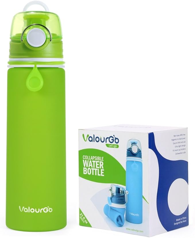 Valourgo Collapsible Water Bottle, Silicone Foldable with Leak Proof Valve BPA Free, Aqua Blue, 21 oz