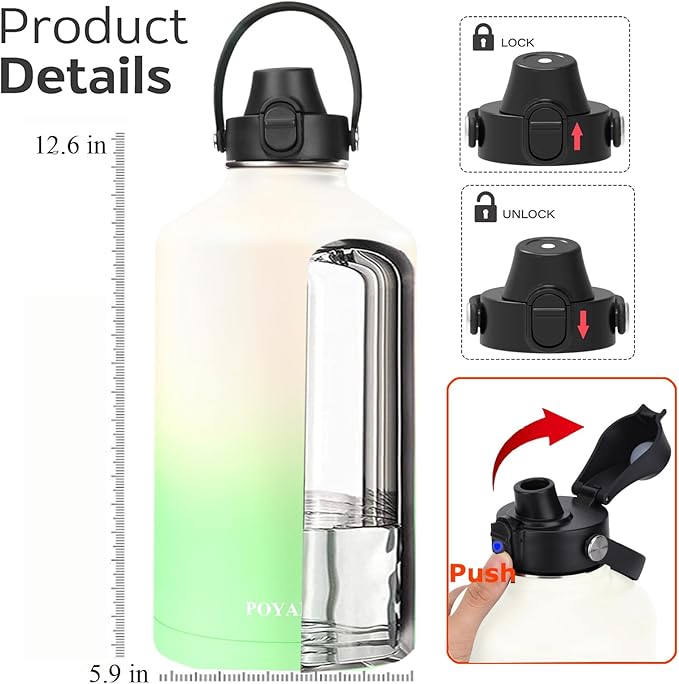 Water Bottle Insulated 32oz 40oz 64oz 128oz Straw Lid Spout Lid & 3 Lids, Leak Proof, Vacuum Insulated,Stainless Steel Water Bottle Wide Mouth for Sports, Gym or Office