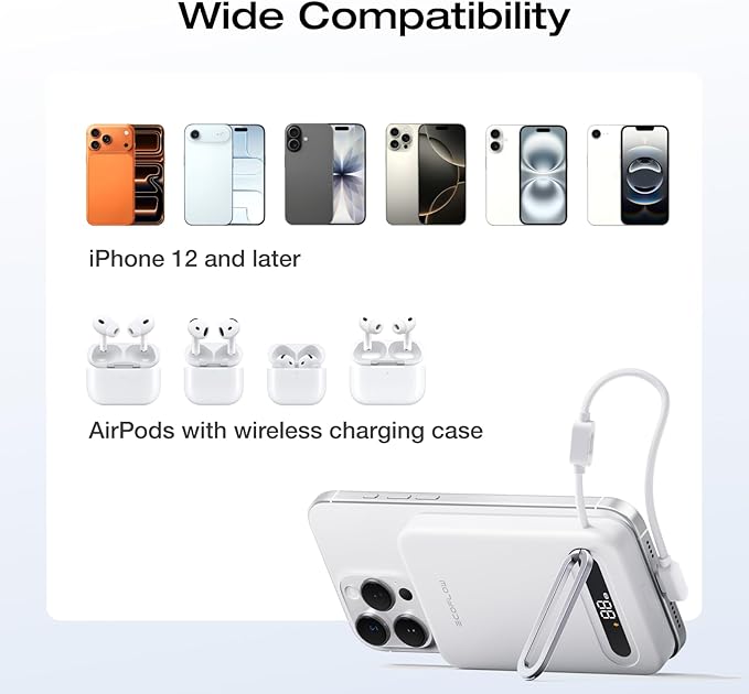 EF ECOFLOW Rapid Mag Power Bank 10,000mAh, Qi2.2 25W Wireless Charging, 0.6'' Slim Magnetic Portable Charger, Built-in USB-C Cable, Qi2 Certified Magsafe-Compatible Battery for iPhone 17/16/15, White