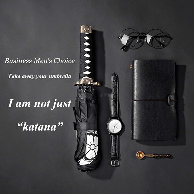 Cool Lemon Samurai Katana Master Sword Hilt Handle Folding Umbrella Anime Portable Travel Japanese Ninja Compact Umbrellas Windproof, Black Glue Anti UV, Business Birthday Gift for Men