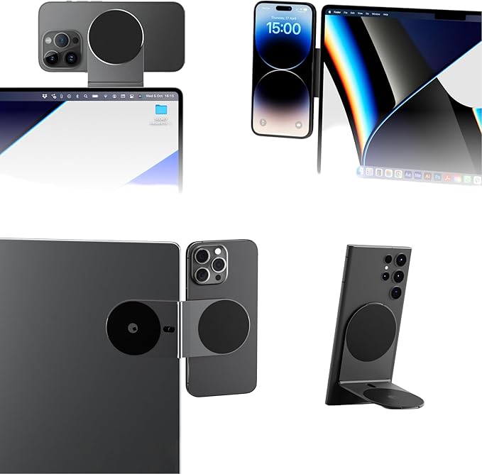 Rolling Square Edge Pro Core - Magnetic Mount Phone Holder Stand for Computers and Tablets | Secure Metal Plate Adhesive or Standalone Mode Compatible with MagSafe, Qi, and Non-MagSafe Devices, Gray