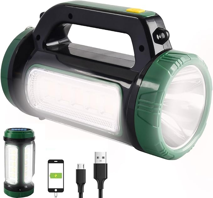 LED Spotlight Lantern Searchlight, Solar Rechargeable Super Bright 10000LM Handheld LED Spot Light Flashlight, Multifunction Camping Lantern Work Light, 6 Lights Modes, Waterproof