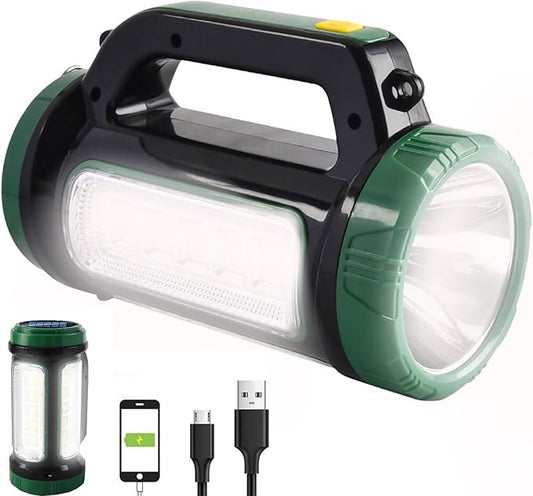 LED Spotlight Lantern Searchlight, Solar Rechargeable Super Bright 10000LM Handheld LED Spot Light Flashlight, Multifunction Camping Lantern Work Light, 6 Lights Modes, Waterproof