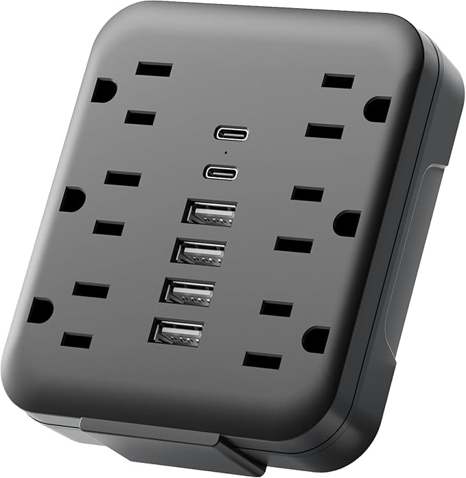 Multi Plug Wall Outlet Extender with USB Ports: 6 AC Outlets, 6 USB Ports (2 USB C), Wall Plug Power Strip, USB Plug Adapter for Wall Outlet, Outlet Splitter for Home Office Travel Cruise, Black