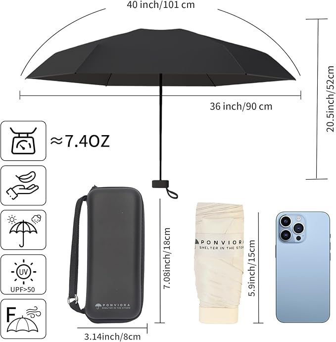 Compact Mini Windproof Travel Umbrella-UPF 50+ Sun & Rain Protection, Small Folding Design Fits in Pocket or Purse, Lightweight Portable with Case for Women, Men & Kids