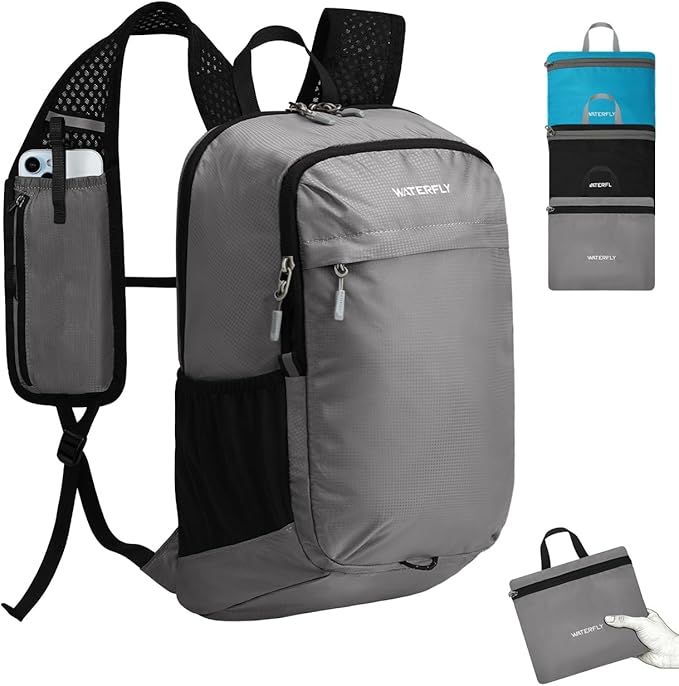 WATERFLY Packable Lightweight Small Backpack: 15L Foldable Mini Hiking Daypack - Ultralight Compact Day Pack for Women Men Outdoor Travel Camping Walking - Gray