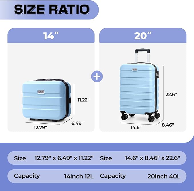 AnyZip Carry On Luggage 2PCS Luggage Set PC ABS Hardshell Lightweight Suitcase TSA Lock with 4 Spinner Wheels（14/20, Light Blue）