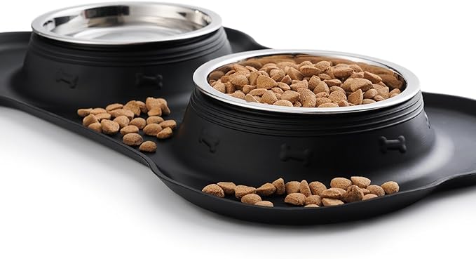 Hubulk Pet Dog Bowls 2 Stainless Steel Dog Bowl with No Spill Non-Skid Silicone Mat + Pet Food Scoop Water and Food Feeder Bowls for Feeding Small Medium Large Dogs Cats Puppies (Large, Black)