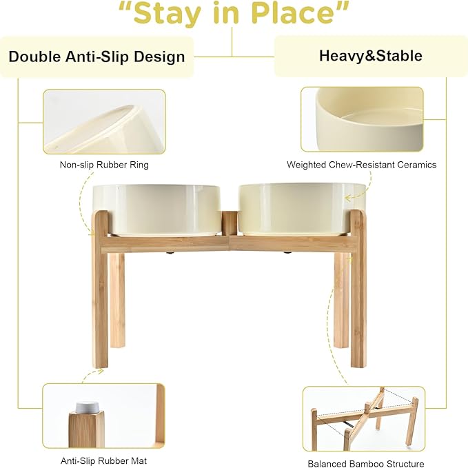 SPUNKYJUNKY Elevated Dog Bowls Ceramic, 8.3'' Dogs Food Water Bowls Raised with Non-Slip Bamboo Stand for Large Sized Breed Microwave Dishwasher Safe - 60 OZ,Beige