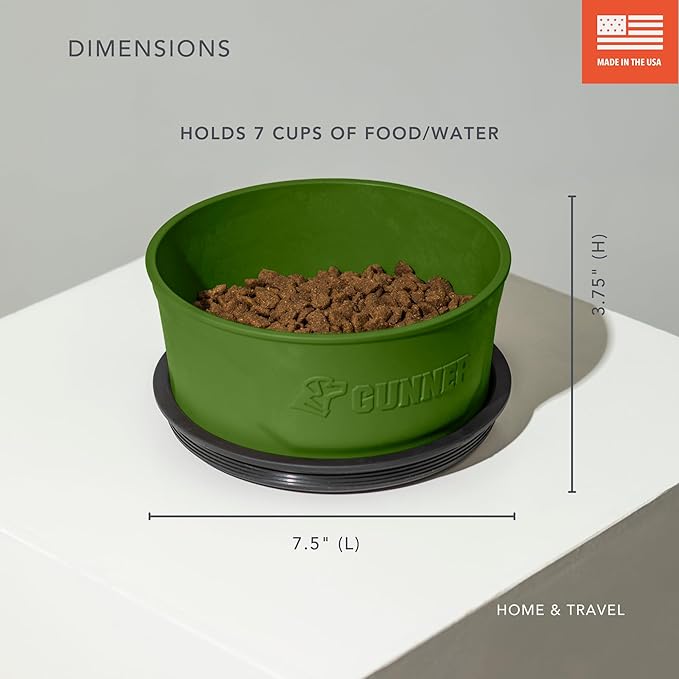 GUNNER Dog Bowl with Spill-Proof Travel Lid – 7.5" x 3.75", 1.3 lb, 7-Cup Capacity, BPA-Free, Rust-Proof, Shock-Resistant, Stackable, Dishwasher Safe, Leak-Resistant Nesting Lid – Green