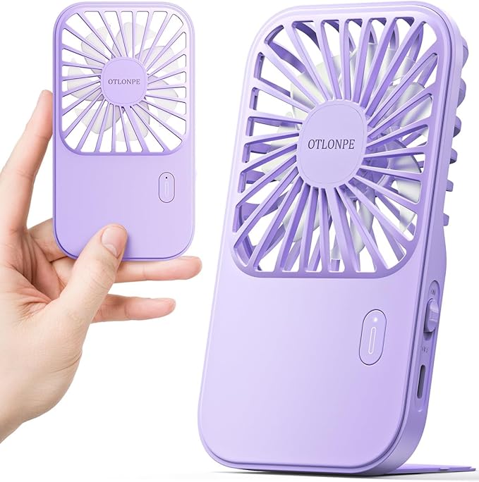 Otlonpe Rechargeable Mini Portable Handheld Fan, Small Personal Battery Powered Handheld Portable Fans for Hand Held Desktop Travel, Foldable Stand, Slim Cordless, Wrist Strap, 3-Speed (Purple)