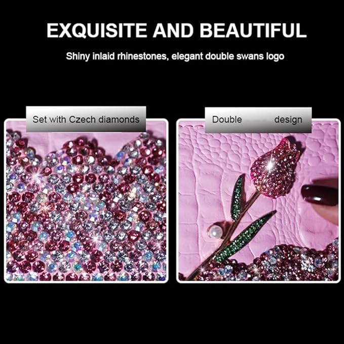 Bling Sparkle Rhinestone Flower Leather Credit Card Holder,10 Slots BlankDriver's License Holder for Women and Men, Multi-Functional Card Organizer for Documents, ID Cards, License (Pink)