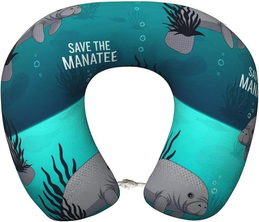 Neck Pillows for Travel Crazy Save Manatee, Women and Men Airplane Car Pillow, Neck Support U Shaped Pillow for Rest Pain Relief Sleeping