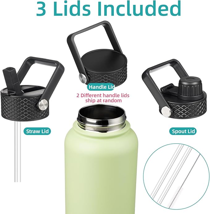 32 oz Insulated Water Bottle Stainless Steel Sport Bottles with 3 Lids,Macaron Green