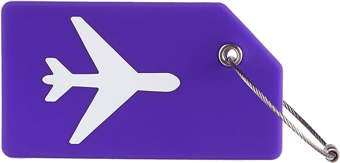 Gostwo 2 Pack Silicone Luggage Tags for Suitcases, 26 Initial Letter Baggage Labels Handbag School Bag Suitcase Instrument Tag with Stainless Steel Loop(Purple)(Airplane)