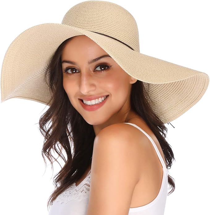Lanzom Womens Wide Brim Straw Hat Big Floppy Foldable Roll up Cap Beach Sun Hat UPF 50+