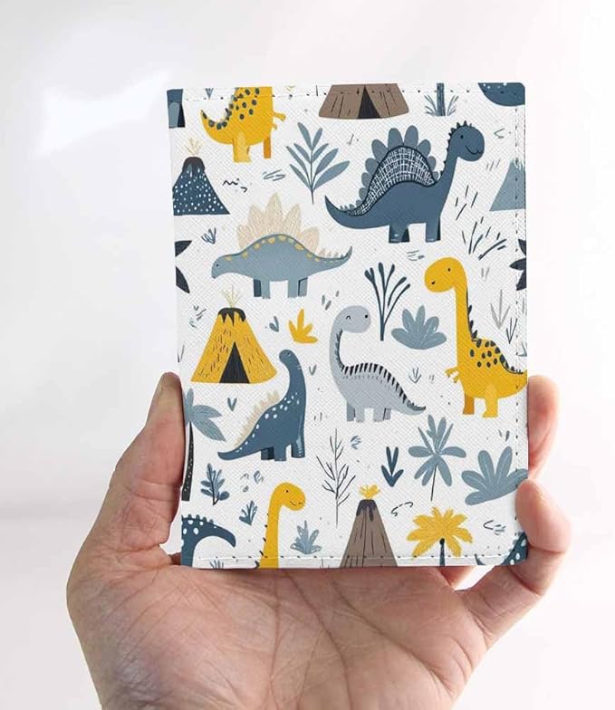 Childish Dino Passport Holder for Travel Creative Cartoon Dinosaur PU Leather Passport Cover Wallet Cute Passport Card Holder for Women and Men