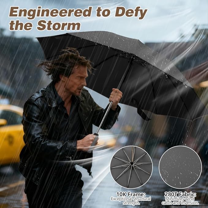 TOPSAIL 10 Ribs Inverted Umbrella with Carabiner Handle, Large Strong Windproof Umbrellas for Rain & Sun, 49" Portable Reverse Folding Compact Travel Umbrella with Safe Reflective Strip, for Women Men