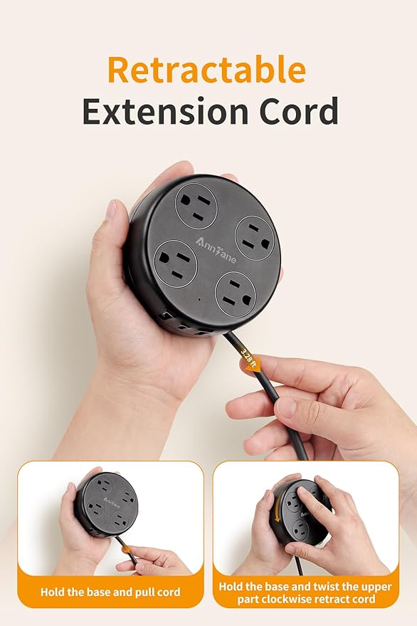 UK Travel Plug Adapter - Retractable Power Strip with 4 AC Outlets & 3 USB Ports (USB-C), Type G Adapter for US to UK, Ireland, Scotland, Hong Kong, Dubai (Black)