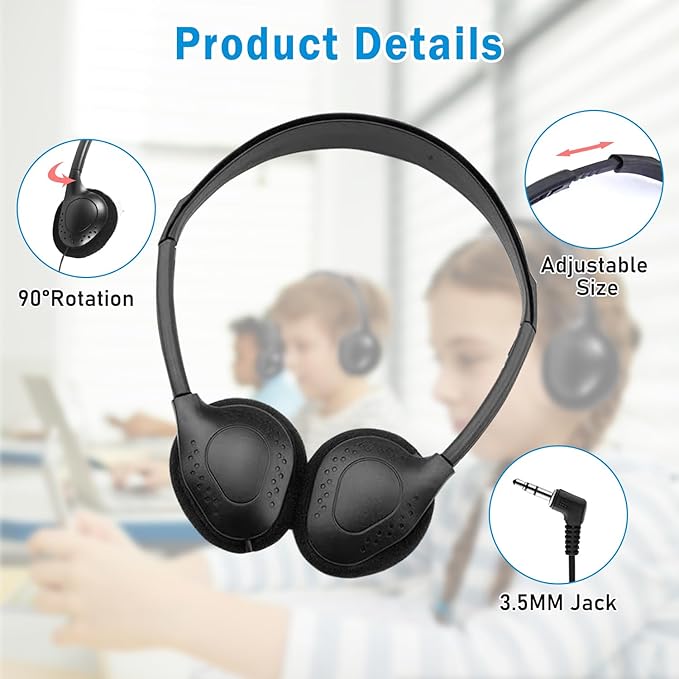 30 Pack Classroom Headphones for Kids, Bulk Headphones for Classroom Wired Over The Ear Headphones Adjustable with 3.5 mm Jack for School Library Student Children