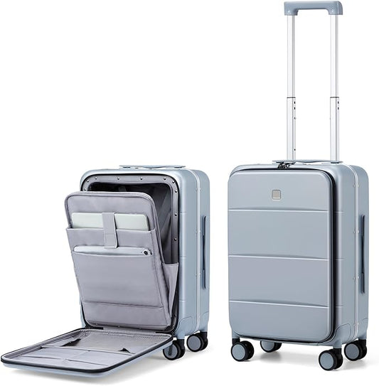 MILADA Carry On Luggage 22x14x9 Airline Approved Spinner Wheels TSA Luggage Hard Shell Suitcases Front Opening Pocket For Women Men Rolling Aluminum Frame Travel Luggage 20 Inch, Grey
