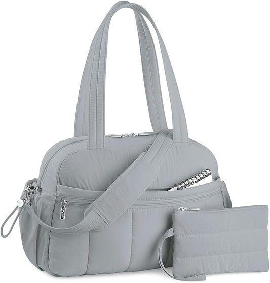 TOPDesign Travel Duffel Bag for Women, Puffer Gym Bag Sports Tote with Wet Pocket, Carry On Weekender with Luggage Sleeve (Light Grey)