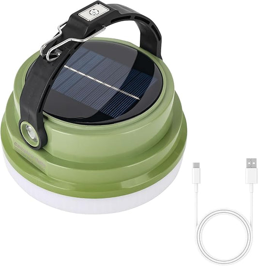 Solar Camping Lantern Rechargeable, 2-in-1 10000mAh Rechargeable Camping Light and Phone Charger for Hiking,Travel - Emergency Hanging Light for Hurricane, Power Outage, 200W, Green