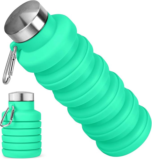 Collapsible Water Bottle, 16oz Portable Reusable Silicone Water Bottle, BPA-Free Leak-Proof Foldable Design with Carabiner, Lightweight Durable for Gym, Travel, Camping, Hiking, Sports-Green