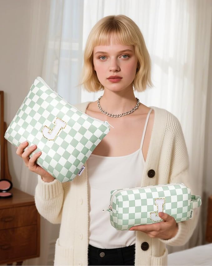 Narwey 2 Piece Personalized Initial Makeup Bag Checkered Cosmetic Bags, 6 8 10 11 12 13 14 16 18 Years Old Teen Girl Gifts Trendy Stuff Birthday Gifts for Women, Travel Toiletry Bag (Green Letter J)