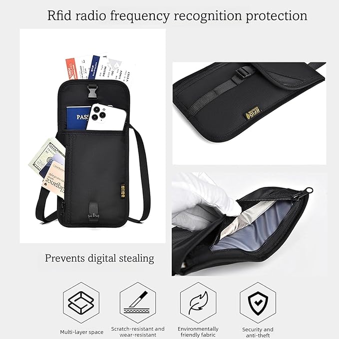 Passport Holder for Travel Pouch Neck Wallet for Traveling Women Men with RFID Blocking Waterproof and Slim Neck Pouch Adjustable Neck Strap (Z-Black)
