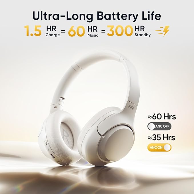 QCY H3 ANC Bluetooth Headphones Over Ear, Active Noise Cancelling Bluetooth 5.4 Headphones with Microphones, Hi-Res Audio Sound, Multipoint Connection, 60H Playback, Custom EQ via App(White)