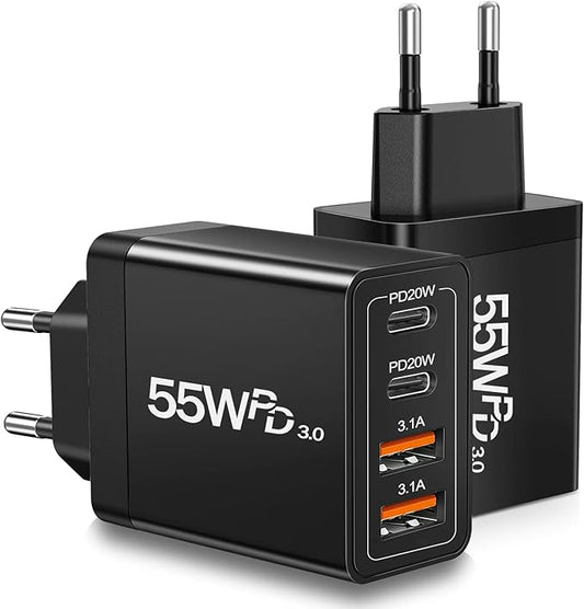 55W European Travel Plug Adapter 2 Pack, European USB C Charger 4-Port Fast Charger Type C Wall Charger USA to Europe Plug Adaptor for iPhone 17 16 15 14 13 12 11 Pro Max X 8, Galaxy, Android