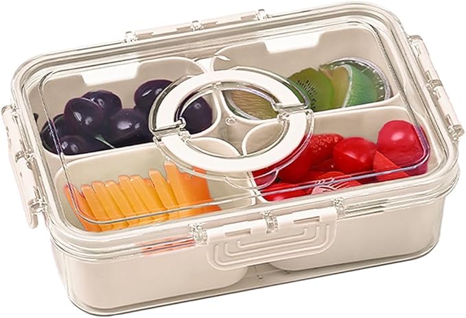 Small Snackle Box Container with Lid, 4 Compartment Travel Snack Container with Handle, Divided Serving Tray with Lid, Portable Snack Box for Candy, Fruits, Nuts, Snacks, Veggies