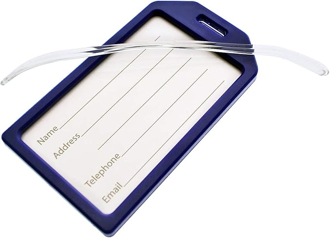 5 Pack of Premium Rigid Airline Luggage Tag Holders with 6" Worm Loops - Heavy Duty Hard Plastic -Suitcase ID Tag Identifiers with Business Card Insert Window by Specialist ID (Navy Blue)