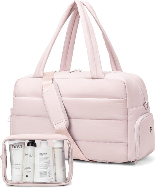 Gitus Carry On Duffle Gym Bag for Women Puffer Weekender Overnight Duffel Bag for Travel with Clear Toiletry Pouch Sport Yoga Fitness Essentials Gifts (Lightpink)