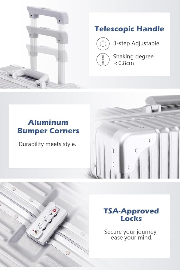 HotWay 22 Inch Checked in Luggage with Aluminum Frame,PC Hard Shell Suitcase with Spinner Wheels and TSA Lock, Large Suitcase for Travel, White