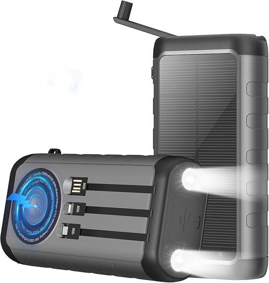 Solar Charger, 59800mAh Portable Power Bank for All Phones, Outdoor Waterproof Battery Pack Built in Hand Crank, 15W Wireless Charger 6 Outputs & 3 Inputs/LED Flashlights, Perfect for Camping Travel