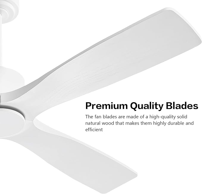 WINGBO 48" DC Ceiling Fan without Lights, 4 Carved Solid Wood Blades, 6-Speed Noiseless Reversible DC Motor, Modern Ceiling Fan No Light with Remote, Gloss White Finish with White Blades, ETL Listed