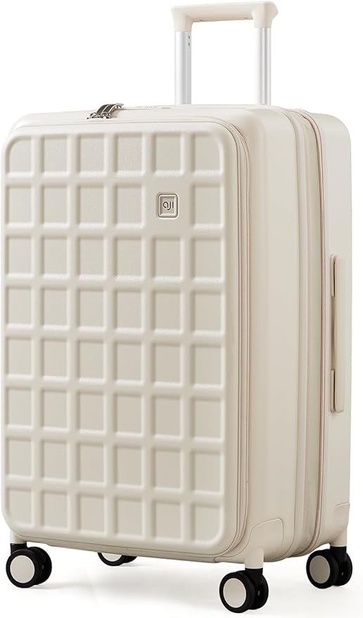 aji Expandable Top Opening 24 Inch Checked Luggage with Spinner Wheels, Large Suitcase with TSA Lock, Hard Shell Travel luggage Suitcases for Men Women, for 12+Days Travel, Coconut White