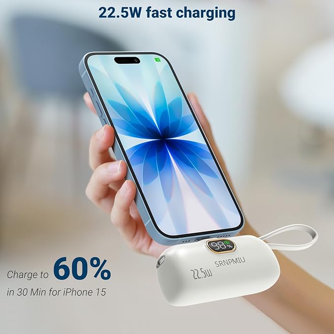 Portable Charger for iPhone 17/16/15 Series, 5000mAh Mini Power Bank with Built-in USB C Connector, 22.5W Fast Charging Battery Pack for Samsung Galaxy S25/S24/S23 Series, iPad etc (White)