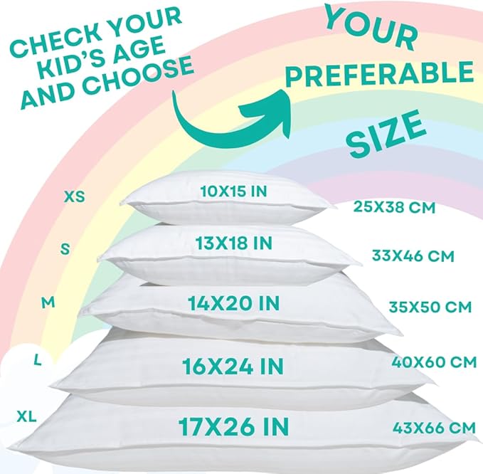 kinder Fluff Toddler Pillows (2pk) 13x18in- The only Pillow for Kids 300T Cotton Shell & Down Alternative Fill - Machine Washable, Ideal Cushion for Kids Above 2 Years - White- S