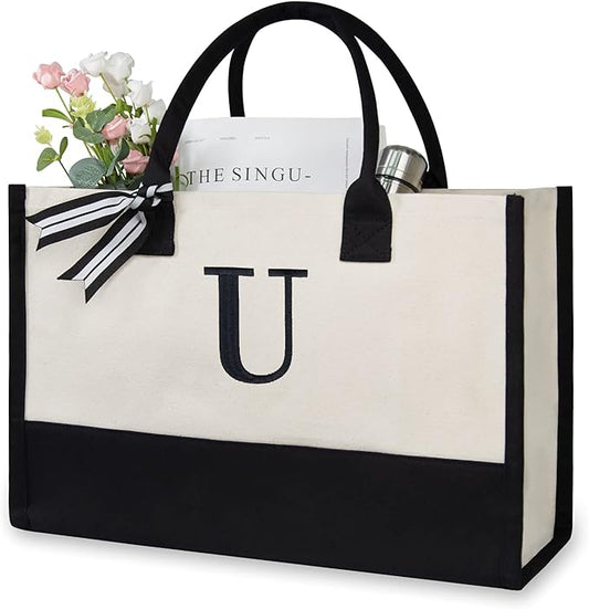 TOPDesign Personalized Initial Canvas Beach Bag, Monogrammed Gift Tote Bag for Women
