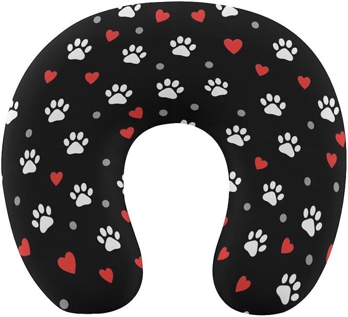Memory Foam Travel Pillow Paw Prints and Hearts On Black, Breathable Chin Head Support, Washable Zip Cover for Airplane Car Office Pain Relief