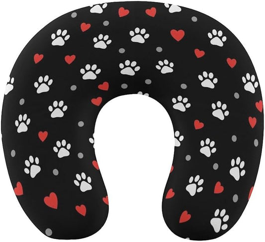 Memory Foam Travel Pillow Paw Prints and Hearts On Black, Breathable Chin Head Support, Washable Zip Cover for Airplane Car Office Pain Relief