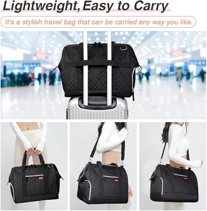 Lekesky Travel Duffel Bag for Woman, Weekender Carry on Bag with Shoe Compartment for Overnight, Extra Large Storage A-blue Stripe, 33L, Women (Black Quilted, 43L)