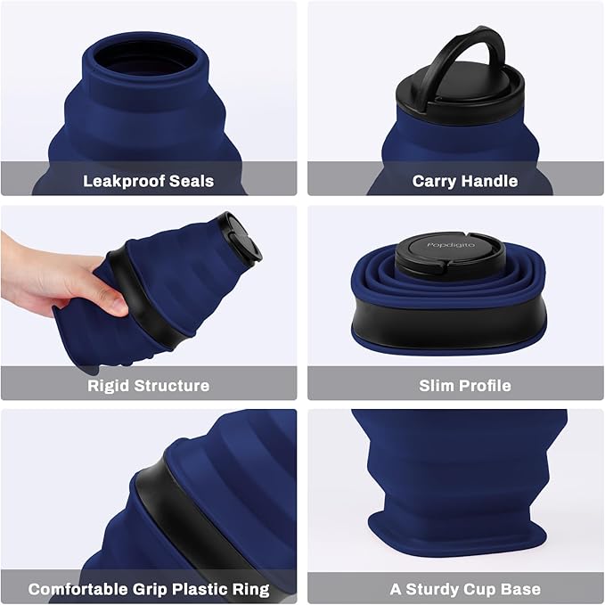 Collapsible Water Bottles,600ml BPA Free Reusable Lightweight LeakProof Silicone Foldable Water Bottle for Travel Hiking Camping Sports,Collapses to 1.5” & anti-Collapse Ring,Dark Blue