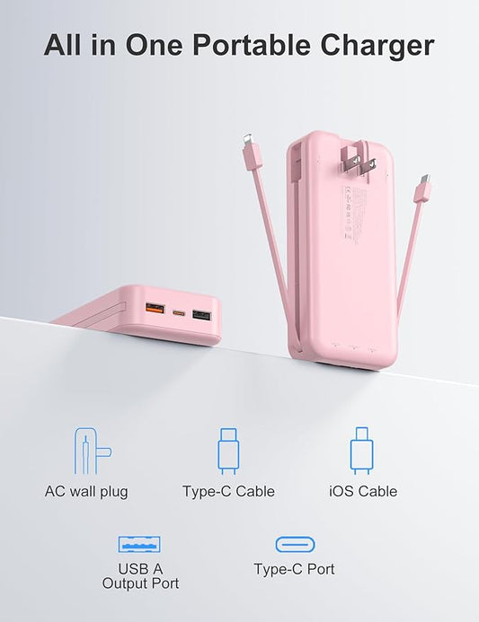20000mAh Ultra-Portable-Charger-Power-Bank PD20W with Built in Cables&AC Wall Plug,Fast Charging Cell Phone Charger Battery Pack,LED Display Travel Battery Bank for All iPhone,Samsung,Android