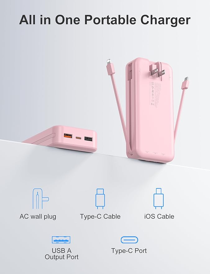 Portable Charger, 20000mAh 22.5W Fast Charging Power Bank with Built-in Cables & Wall Plug, External Battery Pack with LED Display, Travel Essentials Battery Bank for iPhone, iPad, Samsung Fairy Pink